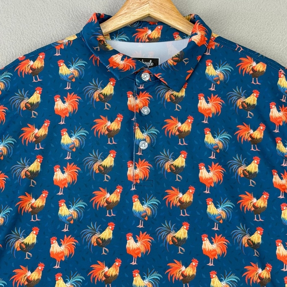 Waggle Maui Golf Polo Shirt Mens‎ 2XL Blue Rooster Print Performance - Picture 2 of 10